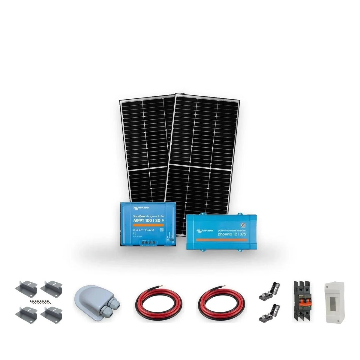 12V 400W caravan solar panel kit (2x200W panels) with Victron MPPT 100/30, Phoenix 12/375 inverter and 2-way breaker enclosure