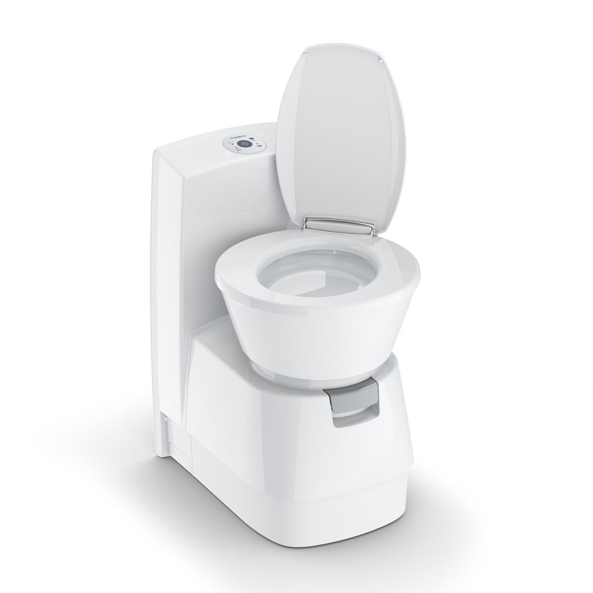 Dometic CTS 4110 cassette toilet, white, seat lid open showing the ceramic inlay bowl