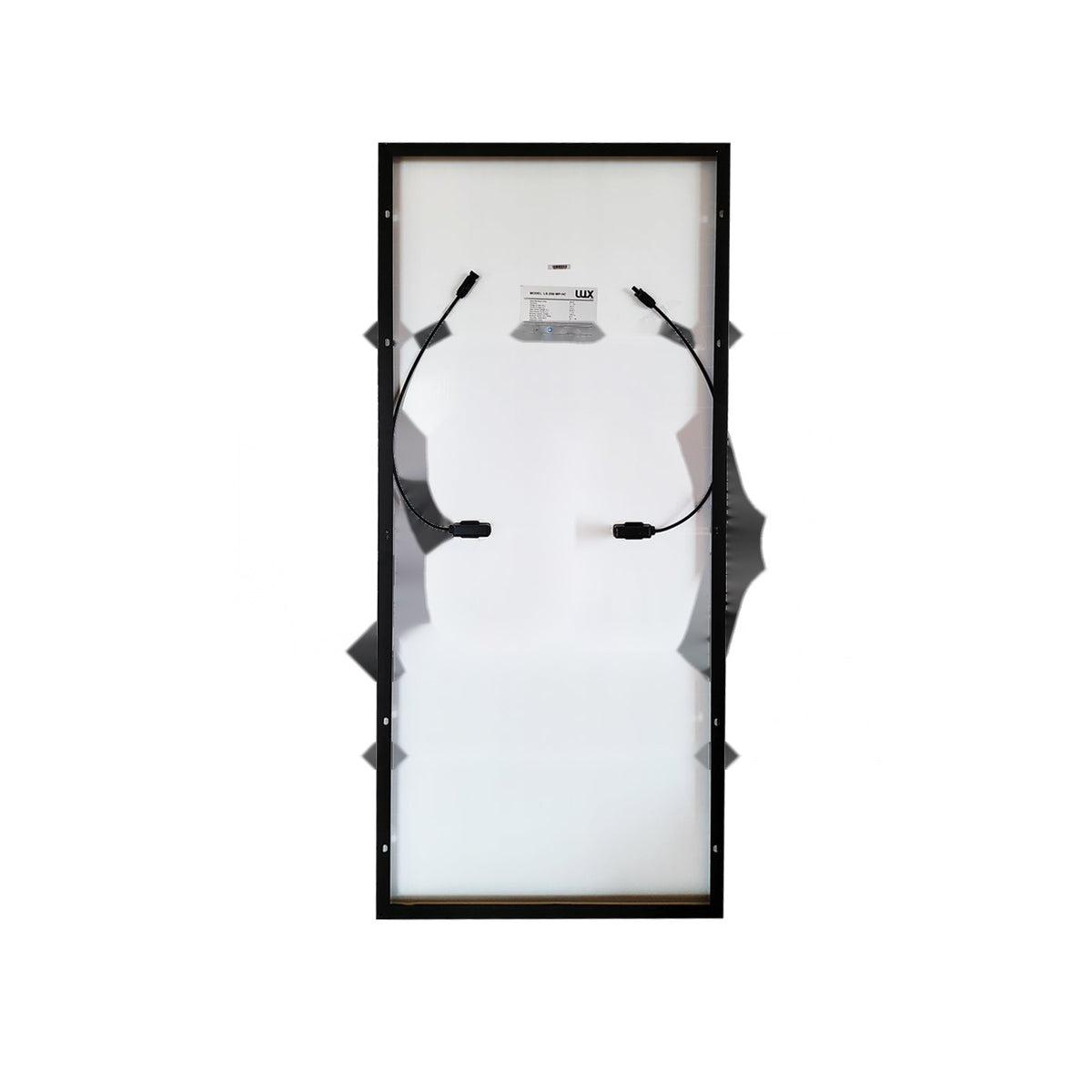 Rear view of LUX Solar 200 Watt solar panel showing junction box and MC4 connector cable
