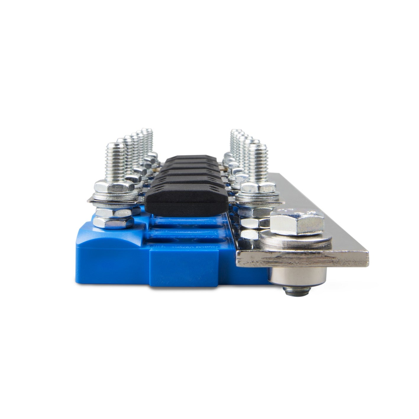 Victron CIP100400070 busbar 1500 A — end-on side view of the bar stacked on six blue MEGA fuse holders