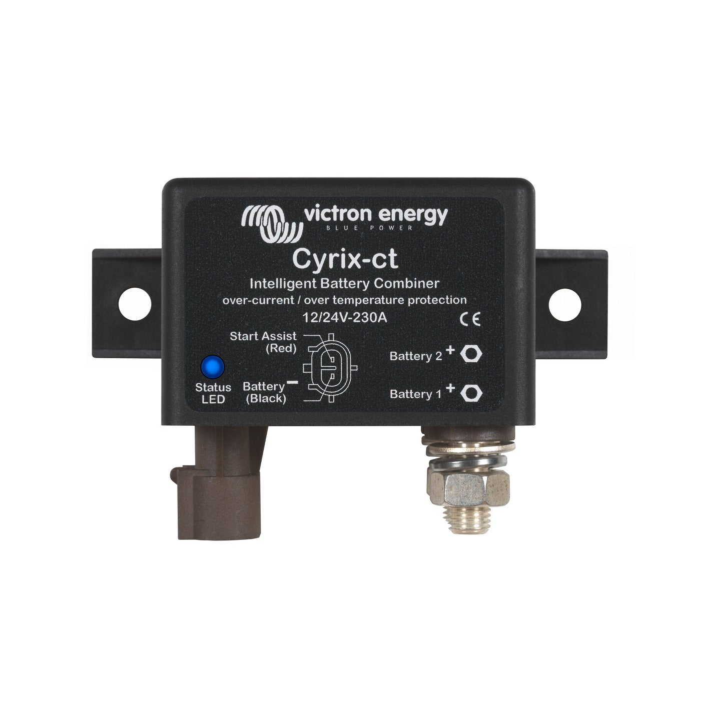 Victron Cyrix-ct 12/24V-230A intelligent battery combiner, front view, black case on flat mounting bracket with blue status LED, Start Assist connector and Battery 1 and Battery 2 studs