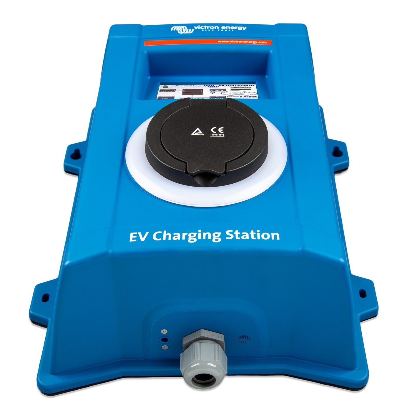 Victron Energy EV Charging Station (EVC300400300) 22kW AC wall charger, front angle view showing Type 2 socket cover, wall mounting flanges and cable gland