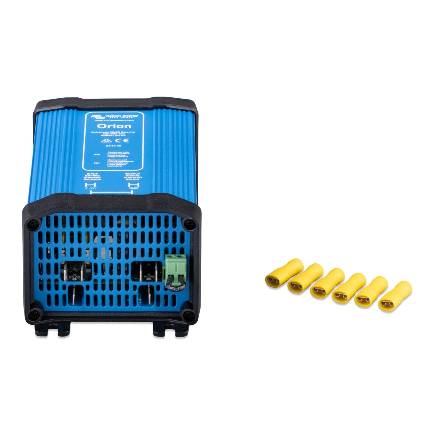 Victron Orion 24/12-40 non-isolated DC-DC converter, front view showing vented end plate with spade terminals and green remote on/off connector, supplied yellow spade crimps alongside