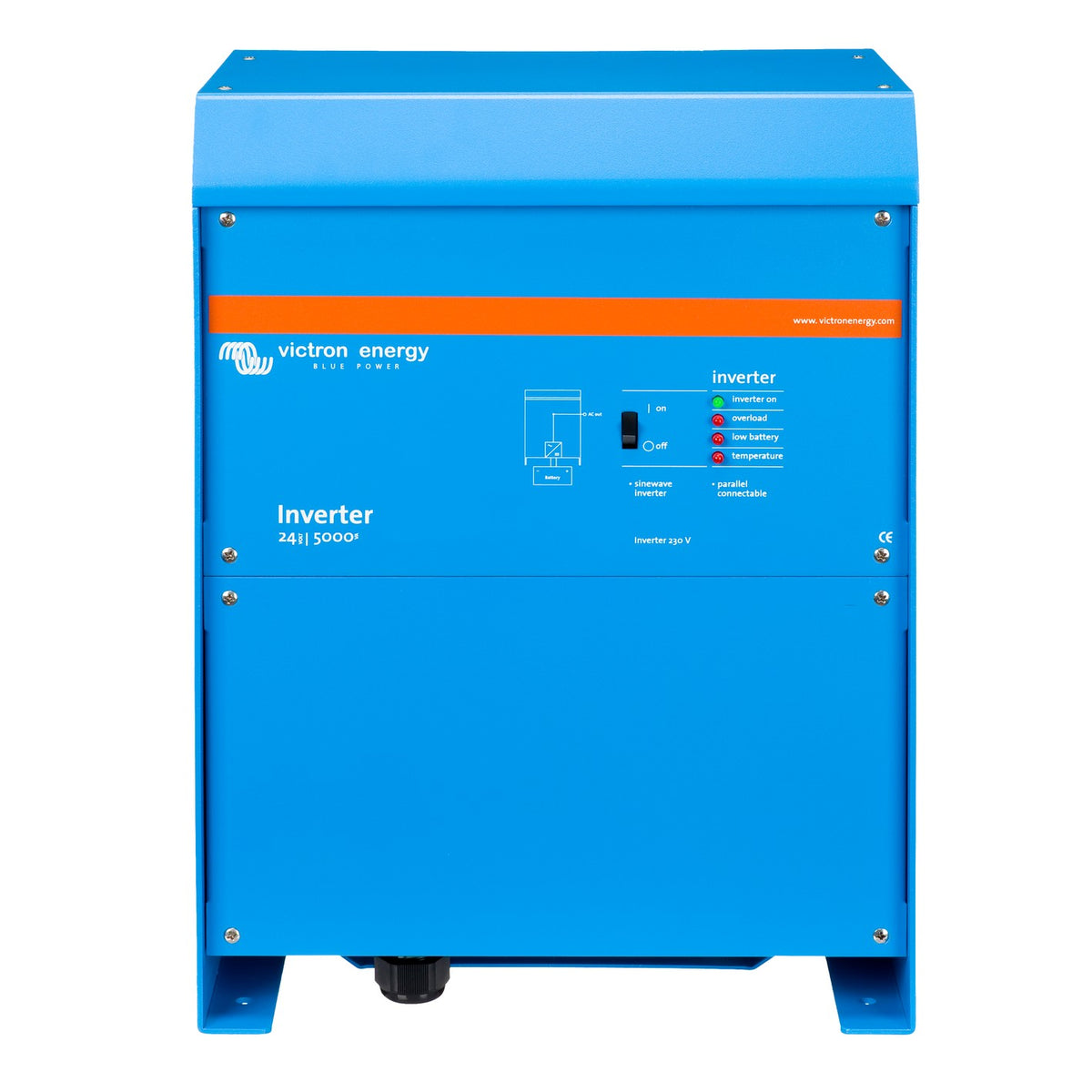 Victron Phoenix Inverter 24/5000 VE.Bus, 24 Volt 5000 VA 230 V pure sine wave inverter, front view, tall blue steel case on mounting feet with orange stripe, on/off rocker switch and four status LEDs
