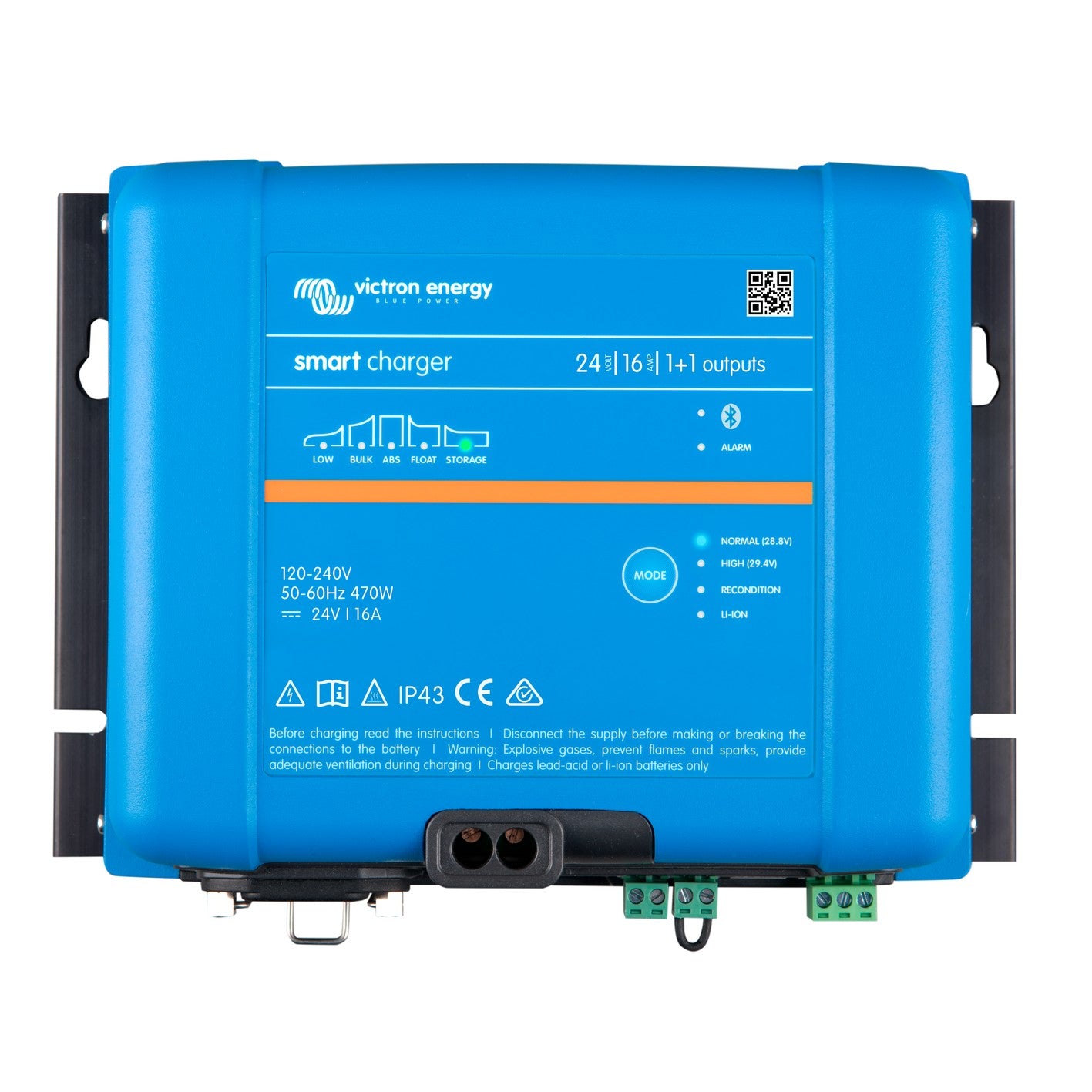 Victron Phoenix Smart IP43 Charger 24/16 (1+1) battery charger, top view, blue case with 24 VOLT 16 AMP 1+1 outputs panel marking and twin DC output glands