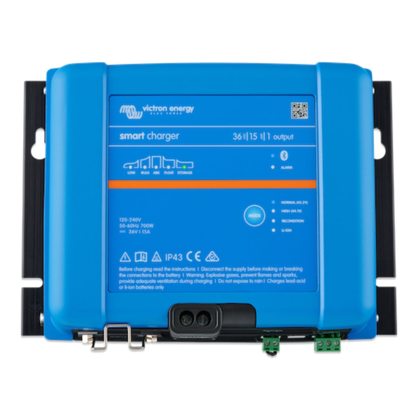 Victron Phoenix Smart IP43 Charger 36/15 (1) battery charger, top view, blue case with 36 VOLT 15 AMP 1 output panel marking and single DC output gland