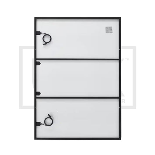 REC Alpha Pure-RX 475W solar panel, rear view showing white backsheet, junction box and MC4 connector leads