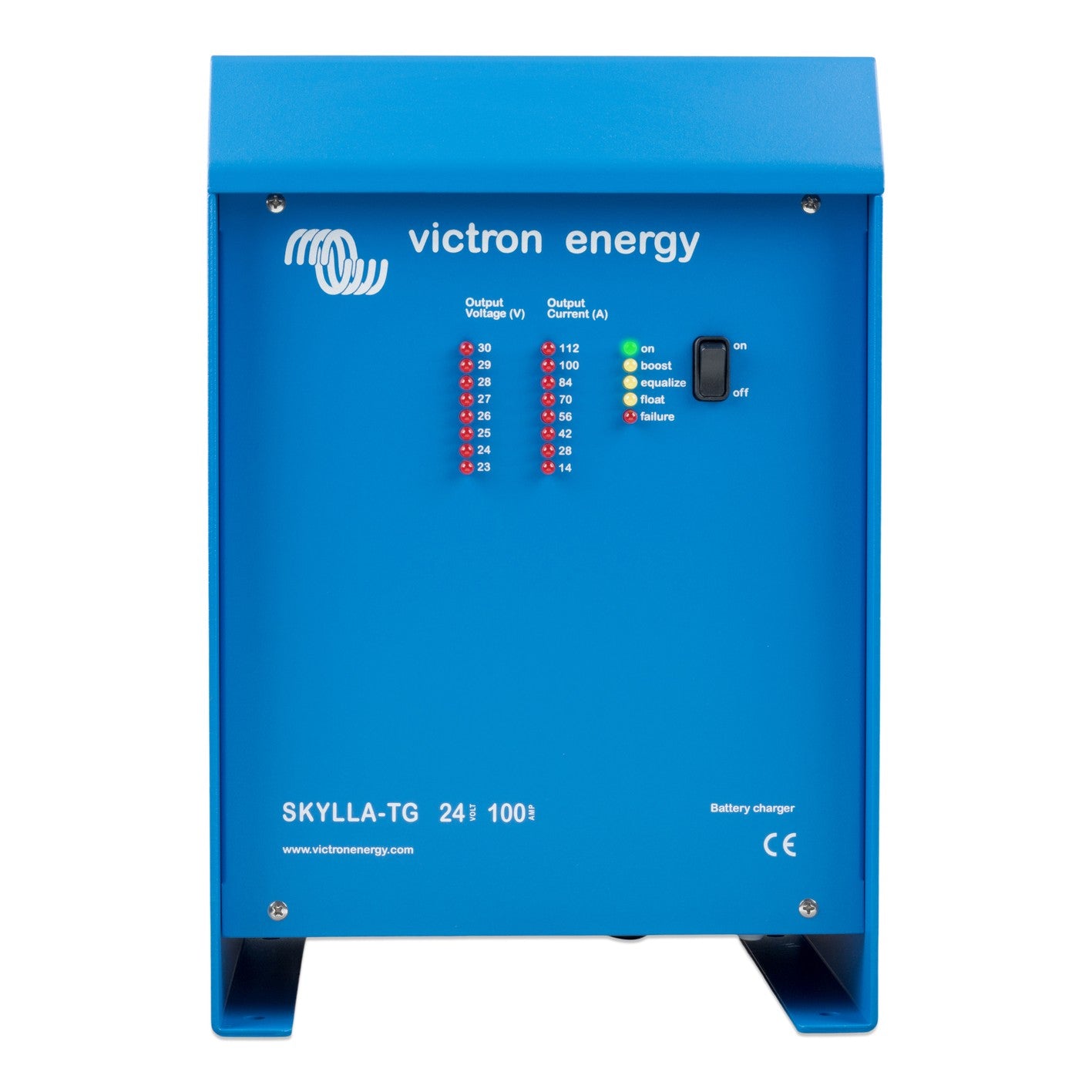Victron Skylla-TG 24/100 GL (1+1) 90-265 VAC battery charger, front view, blue case with output voltage and output current LED bars reading up to 112 A