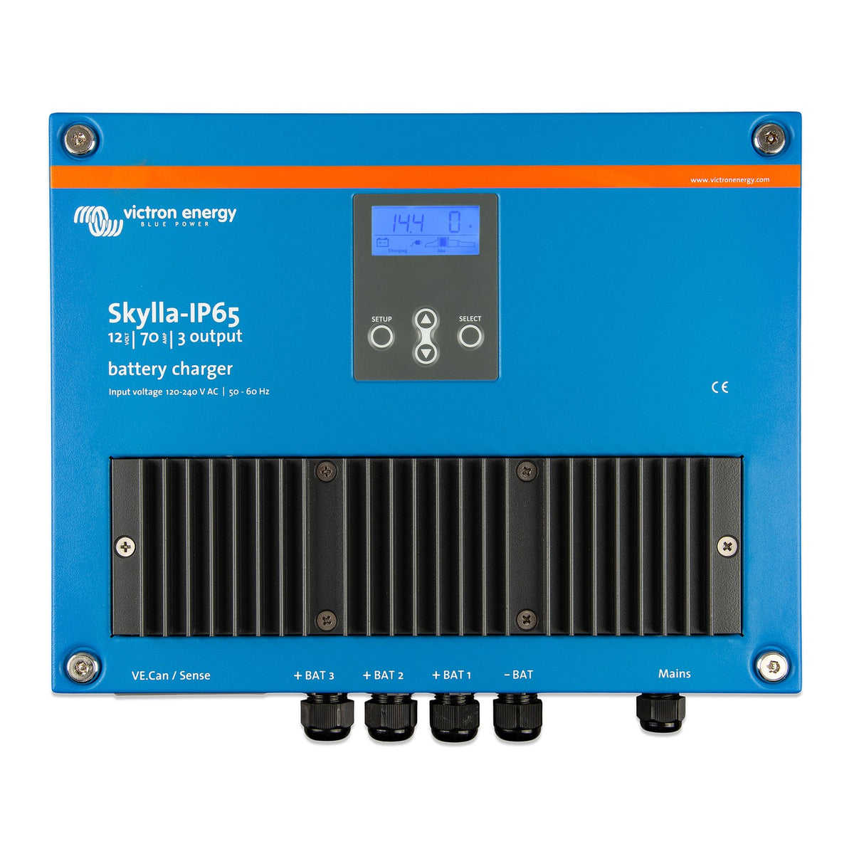 Victron Skylla-IP65 12/70 (3) battery charger, top view, blue case with LCD display and four cable glands labelled +BAT 3, +BAT 2, +BAT 1 and -BAT