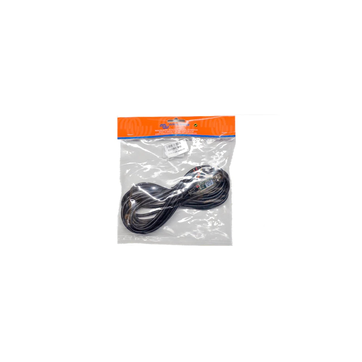 Victron RS485 to USB interface cable — bagged coil with inline converter and USB-A plug visible