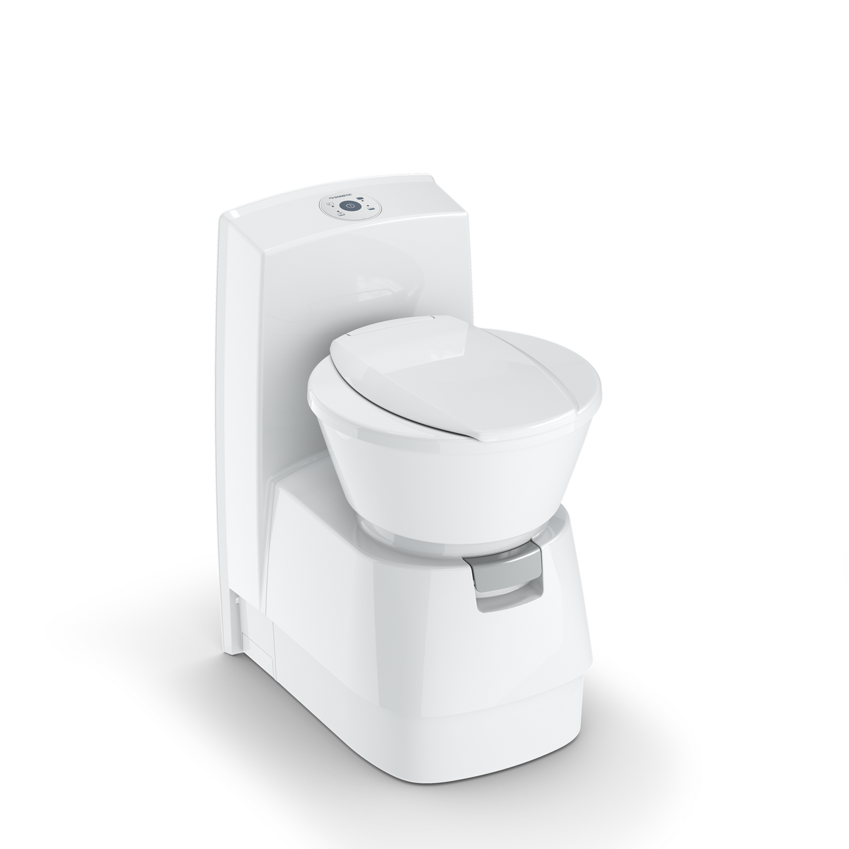 Dometic CTS 4110 cassette toilet, white, tall console with top flush panel and swivel seat – front three-quarter view