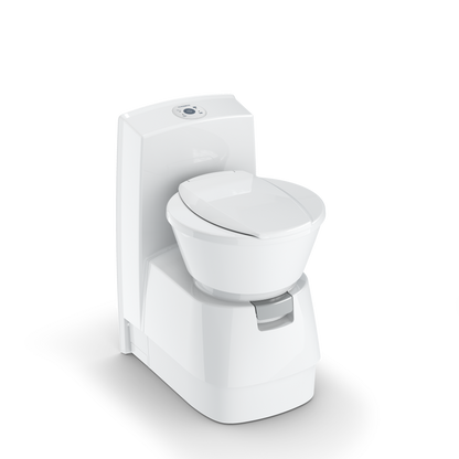Dometic CTS 4110 cassette toilet, white, tall console with top flush panel and swivel seat – front three-quarter view