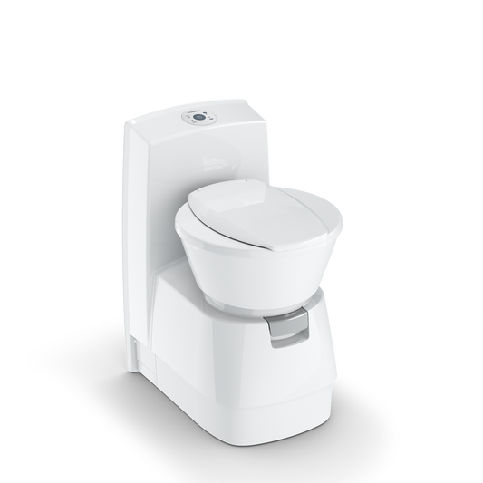 Dometic CTS 4110 cassette toilet, white, tall console with top flush panel and swivel seat – front three-quarter view