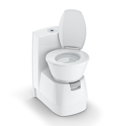 Dometic CTS 4110 cassette toilet, white, seat lid open showing the ceramic inlay bowl