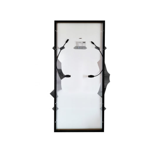 Rear view of LUX Solar 200 Watt solar panel showing junction box and MC4 connector cable