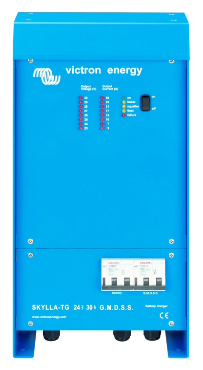 Victron Skylla-TG 24/30 G.M.D.S.S. battery charger, front view, tall blue case with separate Battery and G.M.D.S.S. circuit breakers