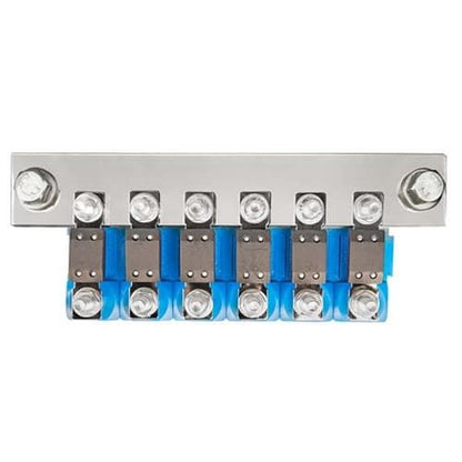 Victron CIP100400070 busbar to connect 6 modular MEGA fuse holders, 1500 A, front view with six blue fuse holders and MEGA fuses fitted; fuse holders and fuses sold separately