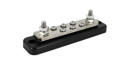 Victron VBB125020620 busbar, 250 A 2P with 6 screws, right angled view of the same unit in a wide 2:1 crop; black ABS base, tinned copper bar, two M8 studs and six M4.8 screws