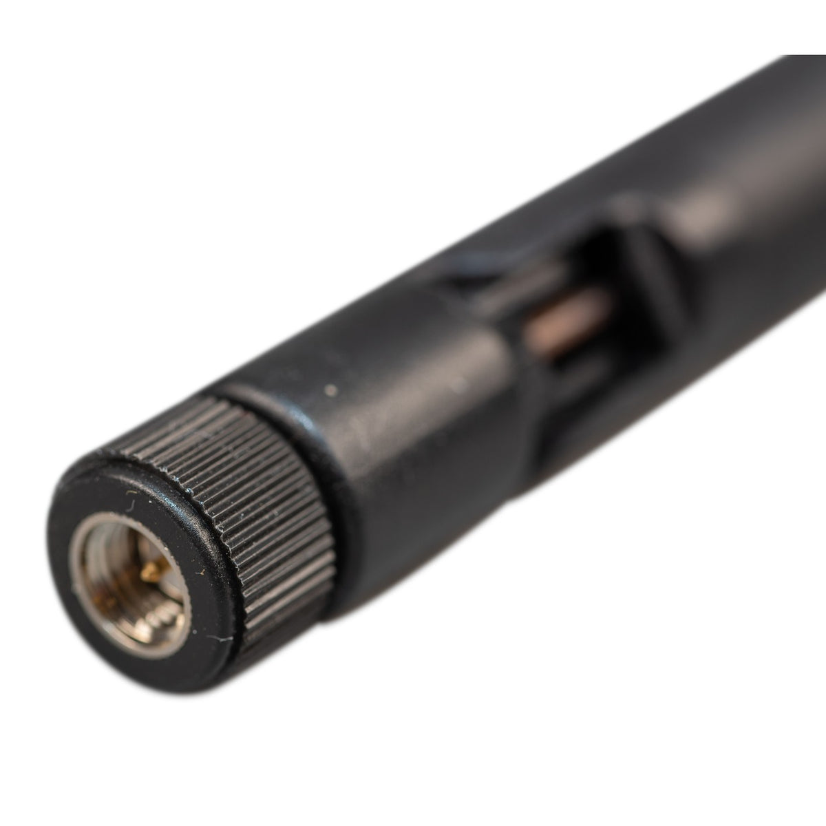 Victron Outdoor LTE-M wall-mount antenna — close-up of the whip's knurled SMA collar and swivel hinge