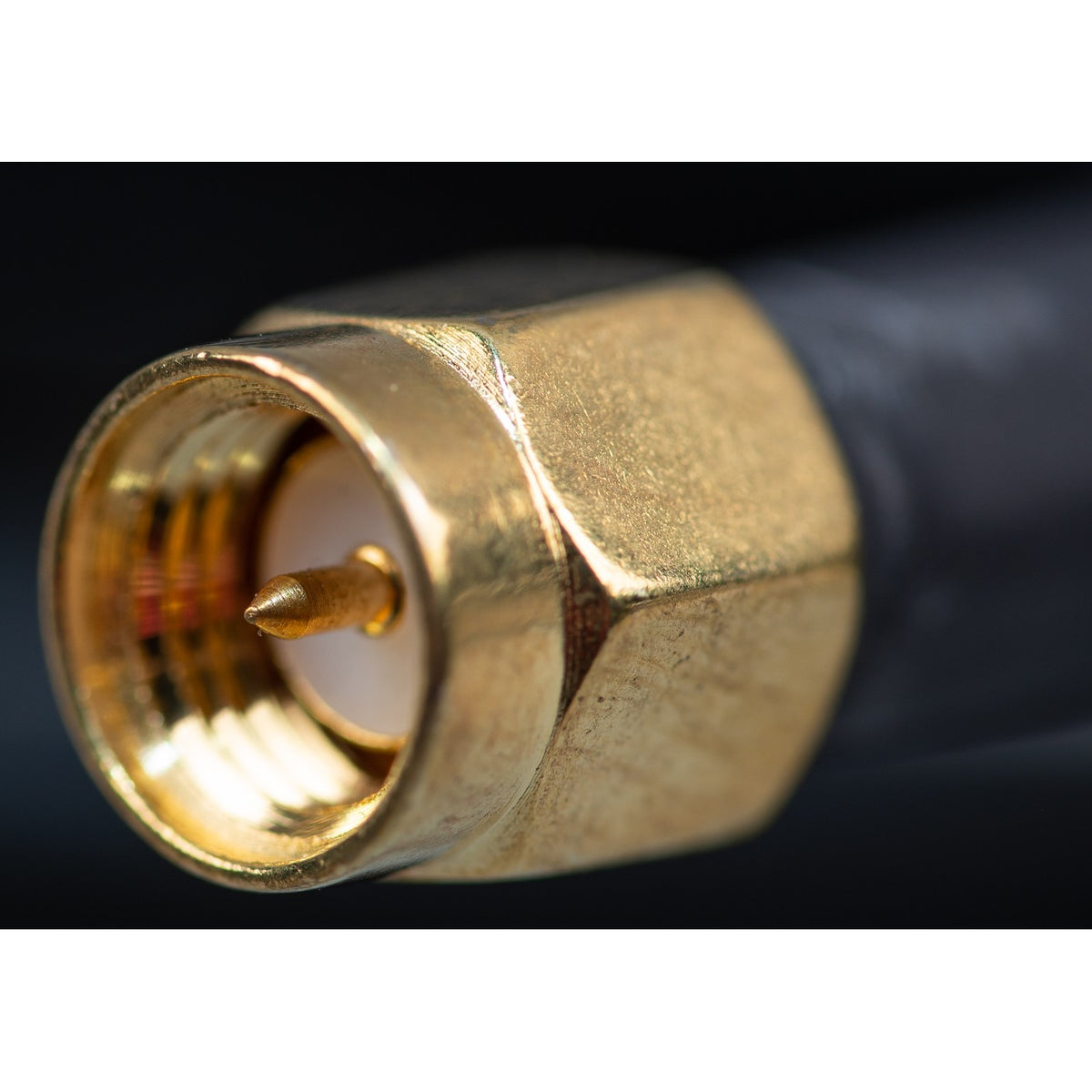 Victron Outdoor LTE-M wall-mount antenna — macro of the gold-plated SMA male plug on the coax lead