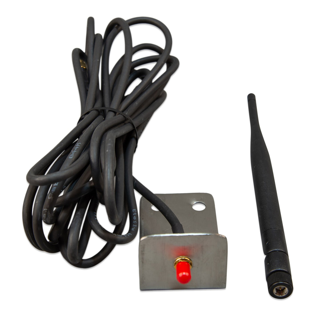 Victron Outdoor LTE-M wall-mount antenna ANT100200100 — front view, stainless L-bracket with red-capped SMA bulkhead