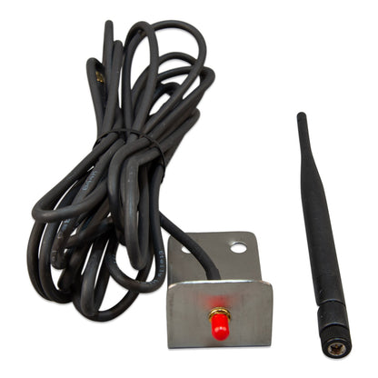 Victron Outdoor LTE-M wall-mount antenna ANT100200100 — front view, stainless L-bracket with red-capped SMA bulkhead