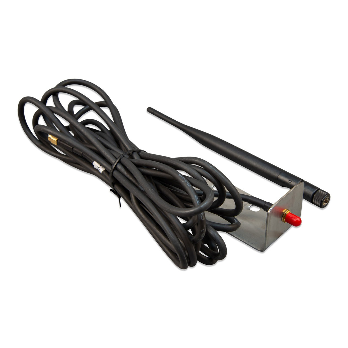 Victron Outdoor LTE-M wall-mount antenna — left three-quarter view, whip lying beside the cable-tied coax