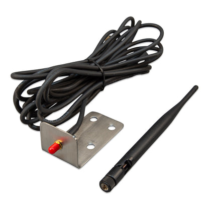 Victron Outdoor LTE-M wall-mount antenna — right three-quarter view of bracket, coax coil and whip