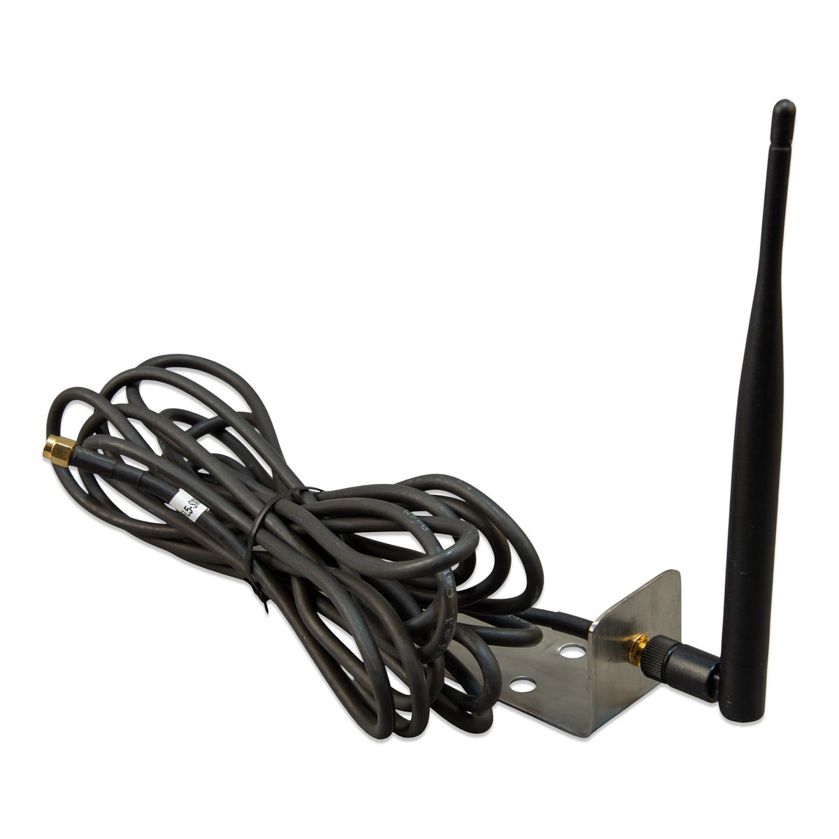 Victron Outdoor LTE-M wall-mount antenna — raised side view, whip upright on the stainless L-bracket