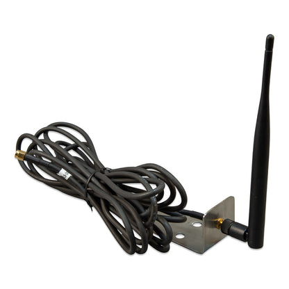 Victron Outdoor LTE-M wall-mount antenna — raised side view, whip upright on the stainless L-bracket