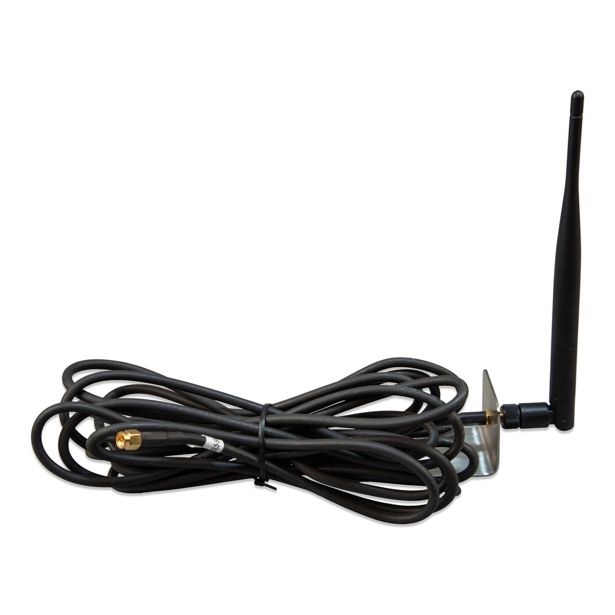 Victron Outdoor LTE-M wall-mount antenna — side view with the whip screwed onto the bracket bulkhead
