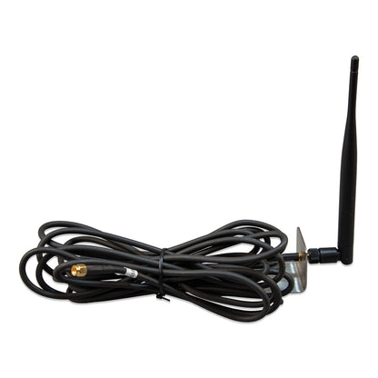 Victron Outdoor LTE-M wall-mount antenna — side view with the whip screwed onto the bracket bulkhead