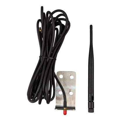 Victron Outdoor LTE-M wall-mount antenna — top view of the bracket, coiled coax lead and detached black whip