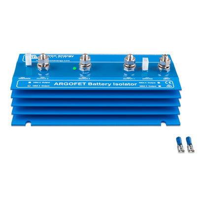Victron Argofet 100-3 battery isolator, three 100A battery outputs, front view, blue finned aluminium case with four terminal studs and green status LED