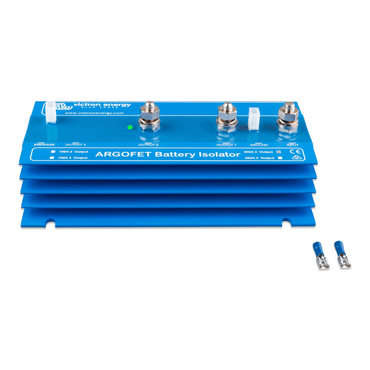 Victron Argofet 200-2 battery isolator, two 200A battery outputs, front view, blue finned aluminium case with three terminal studs and green status LED