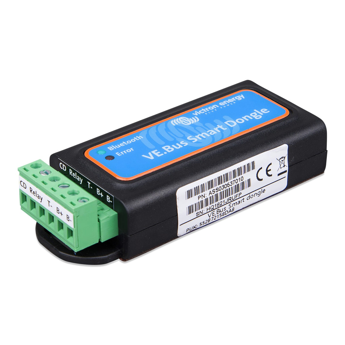 Victron VE.Bus Smart Dongle — angled view showing CD/Relay/T-/B+/B- terminals and PN ASS030537010 label