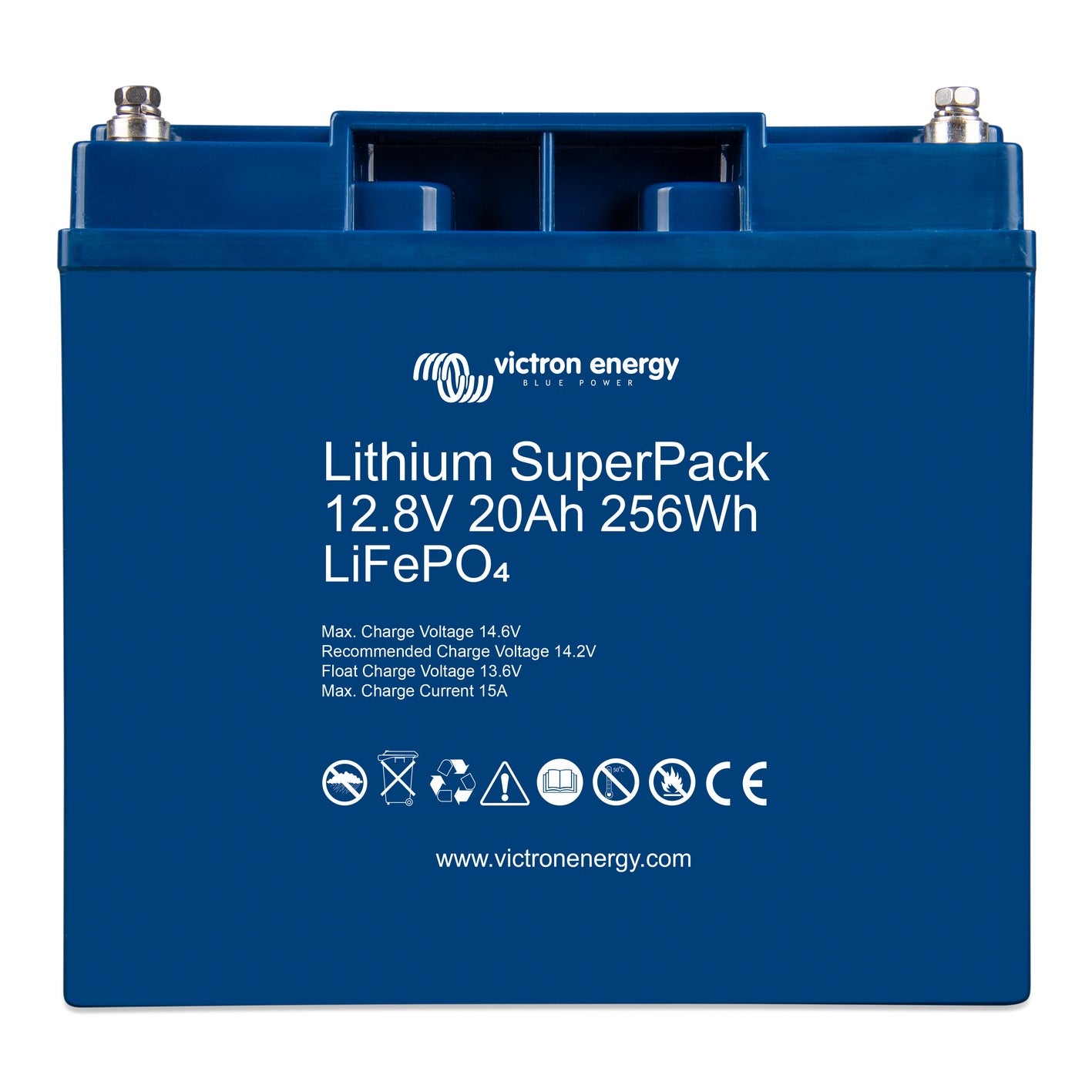 Victron Lithium SuperPack 12.8V 20Ah 256Wh LiFePO4 battery, front view, blue case with recessed top and M5 stainless terminal studs