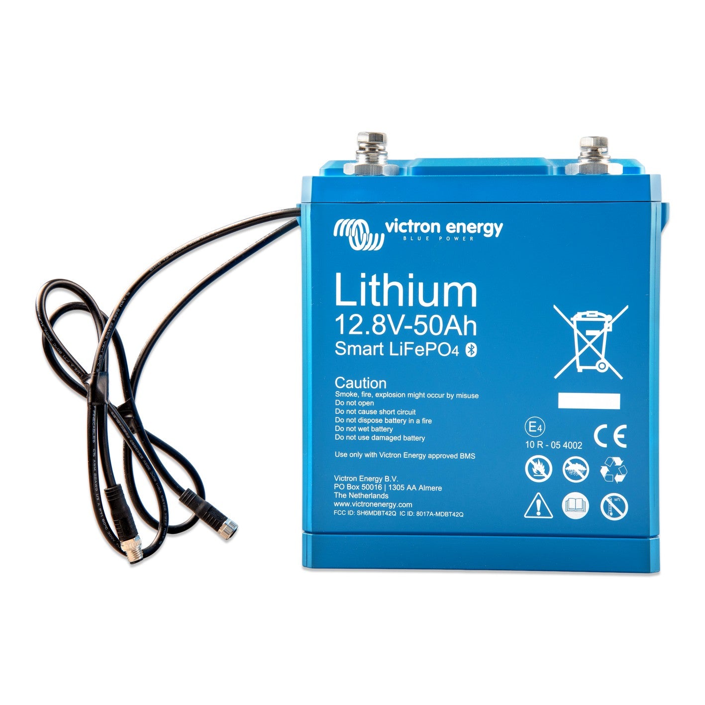 Victron Energy Lithium Battery Smart 12.8V 50Ah LiFePO4, front view, upright blue case with two stainless steel terminals and coiled black M8 BMS cables