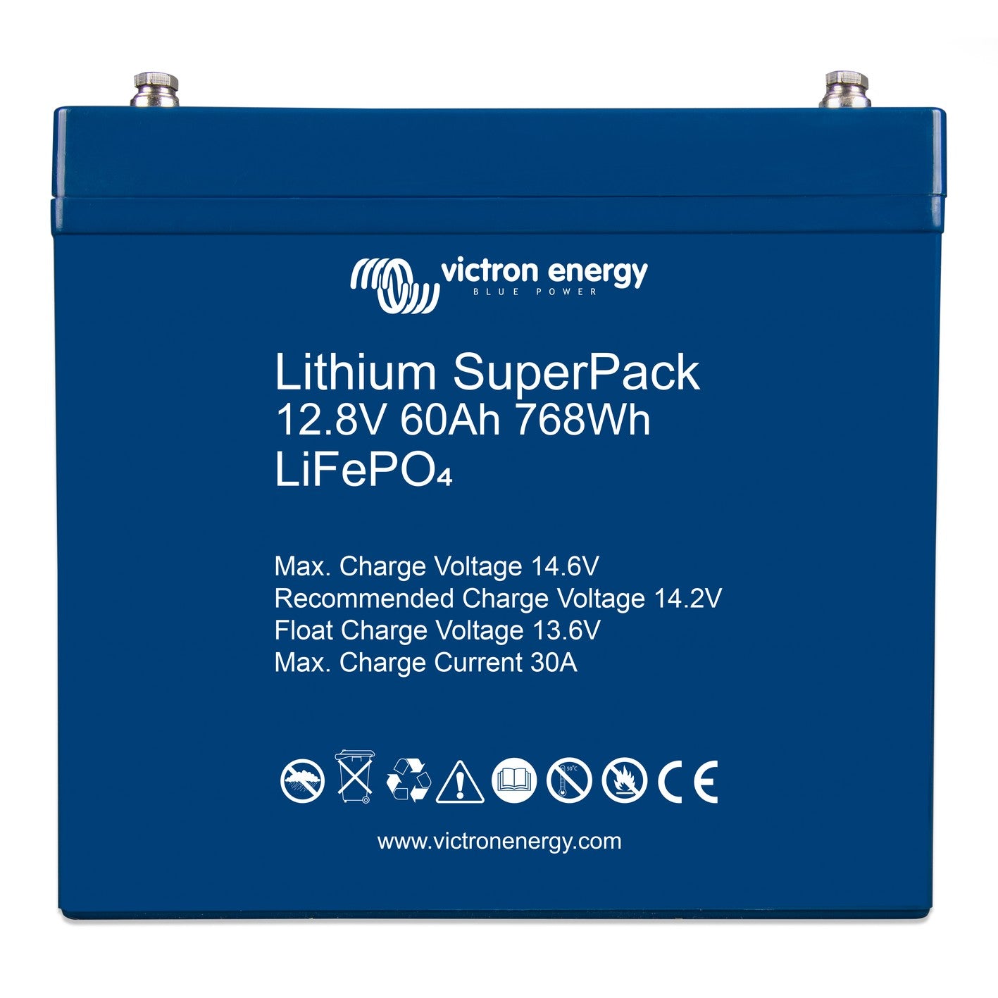 Victron Lithium SuperPack 12.8V 60Ah 768Wh LiFePO4 battery, front view, blue case with M6 stainless terminal studs