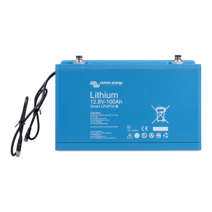 Victron Energy Lithium Battery Smart 12.8V 100Ah LiFePO4, front view, wide blue case with two stainless steel terminals and black M8 BMS cables