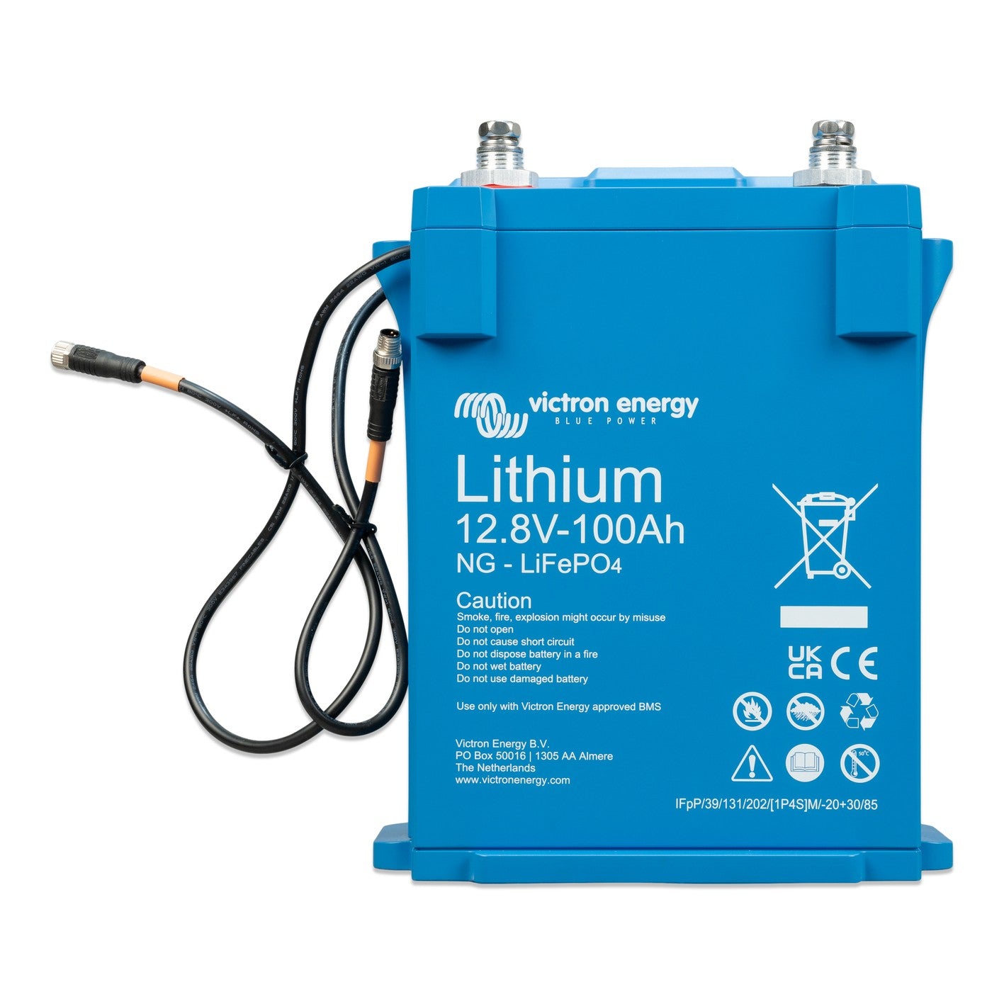 Victron Energy Lithium LiFePO4 Battery NG 12.8V-100Ah, front view, upright blue case with two M8 stainless terminals and a black M8 BMS cable