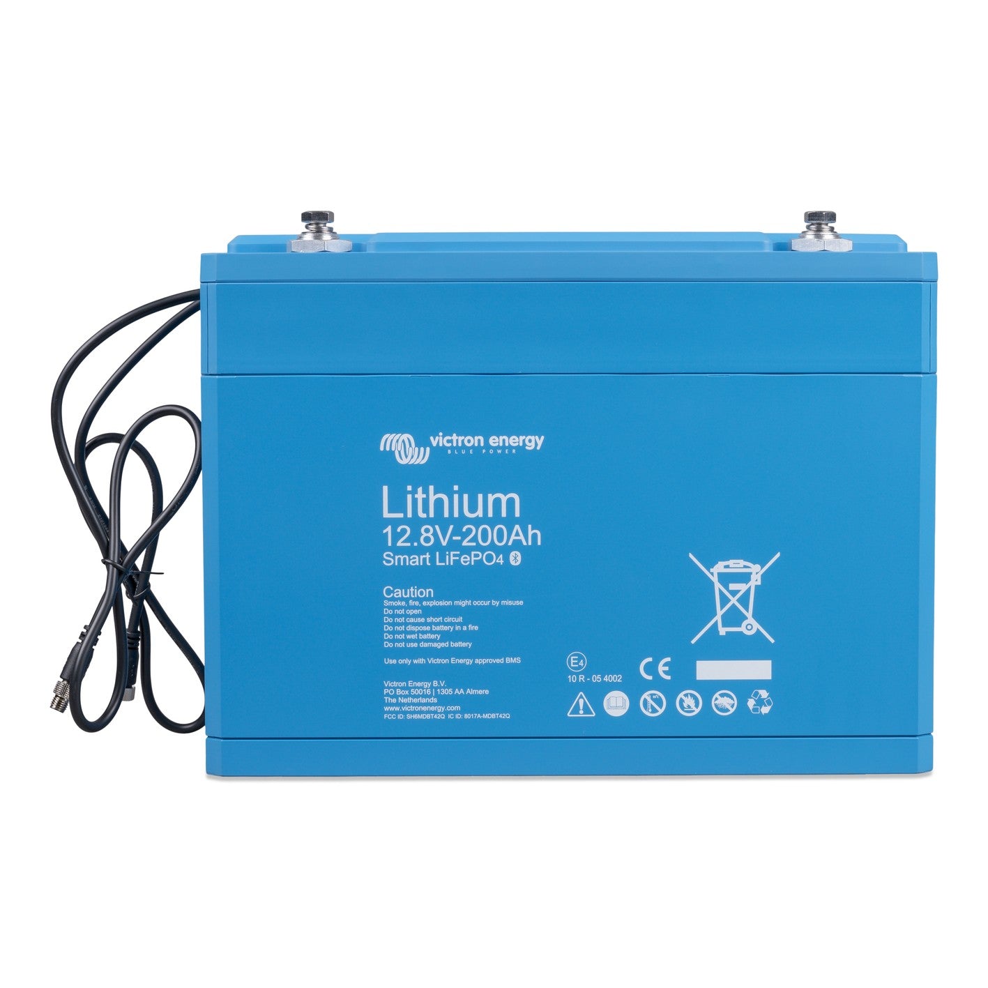 Victron Energy Lithium Battery Smart 12.8V 200Ah LiFePO4, front view, deep blue case with two stainless steel terminals and black M8 BMS cables