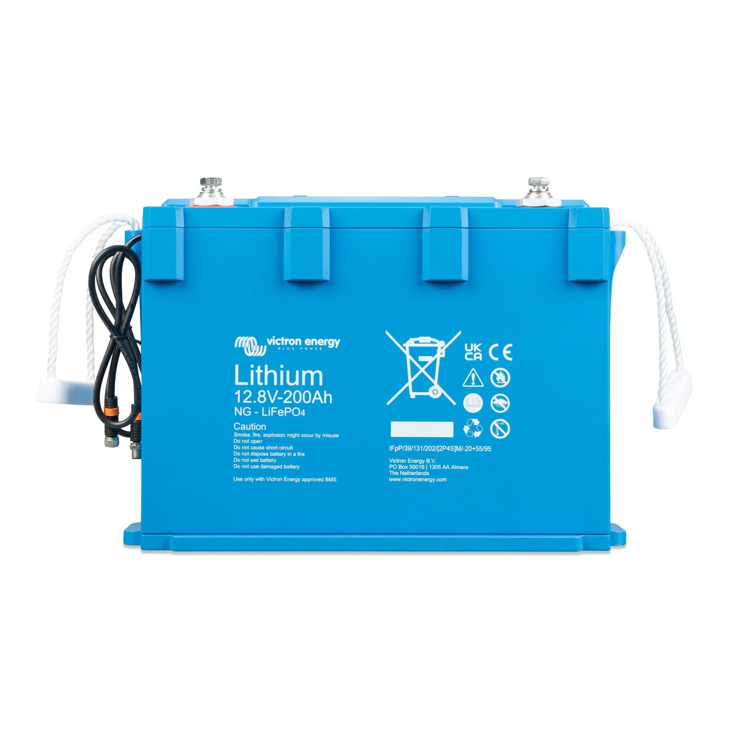 Victron Energy LiFePO4 Battery 12,8V/200Ah NG, front view, blue case with two M8 threaded terminals, white rope carry handles and black M8 circular BMS connector cables