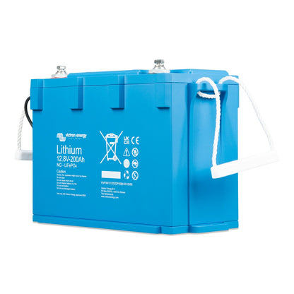 Victron Energy LiFePO4 Battery 12,8V/200Ah NG, angled view from the left showing the case depth and white rope handles
