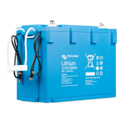 Victron Energy LiFePO4 Battery 12,8V/200Ah NG, angled view from the right showing the coiled M8 circular connector cables and terminal posts
