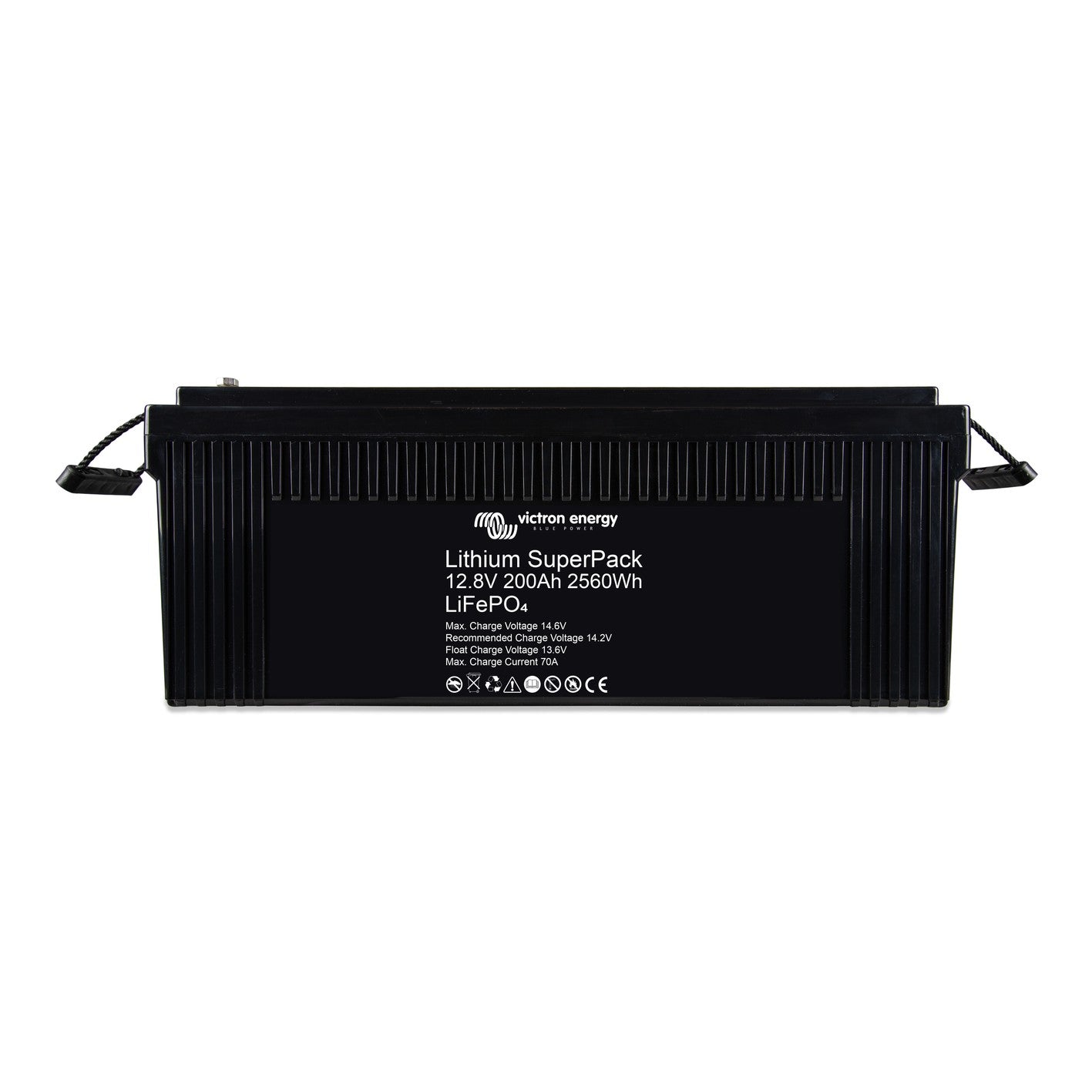 Victron Lithium SuperPack 12.8V 200Ah 2560Wh LiFePO4 battery, front view, black finned case with rope carry handles at each end