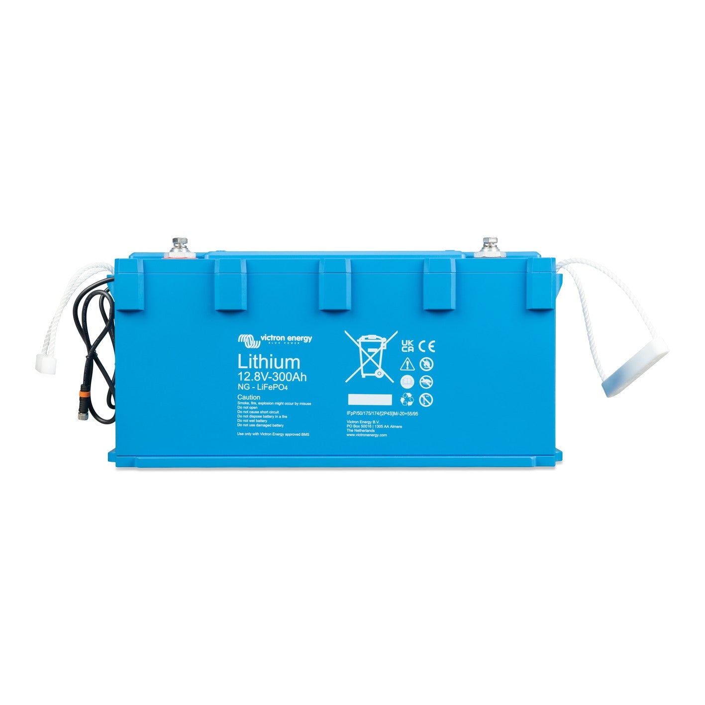 Victron Energy Lithium LiFePO4 Battery NG 12.8V-300Ah, front view, wide blue case with M8 stainless terminals, white rope carry handles and black BMS cable