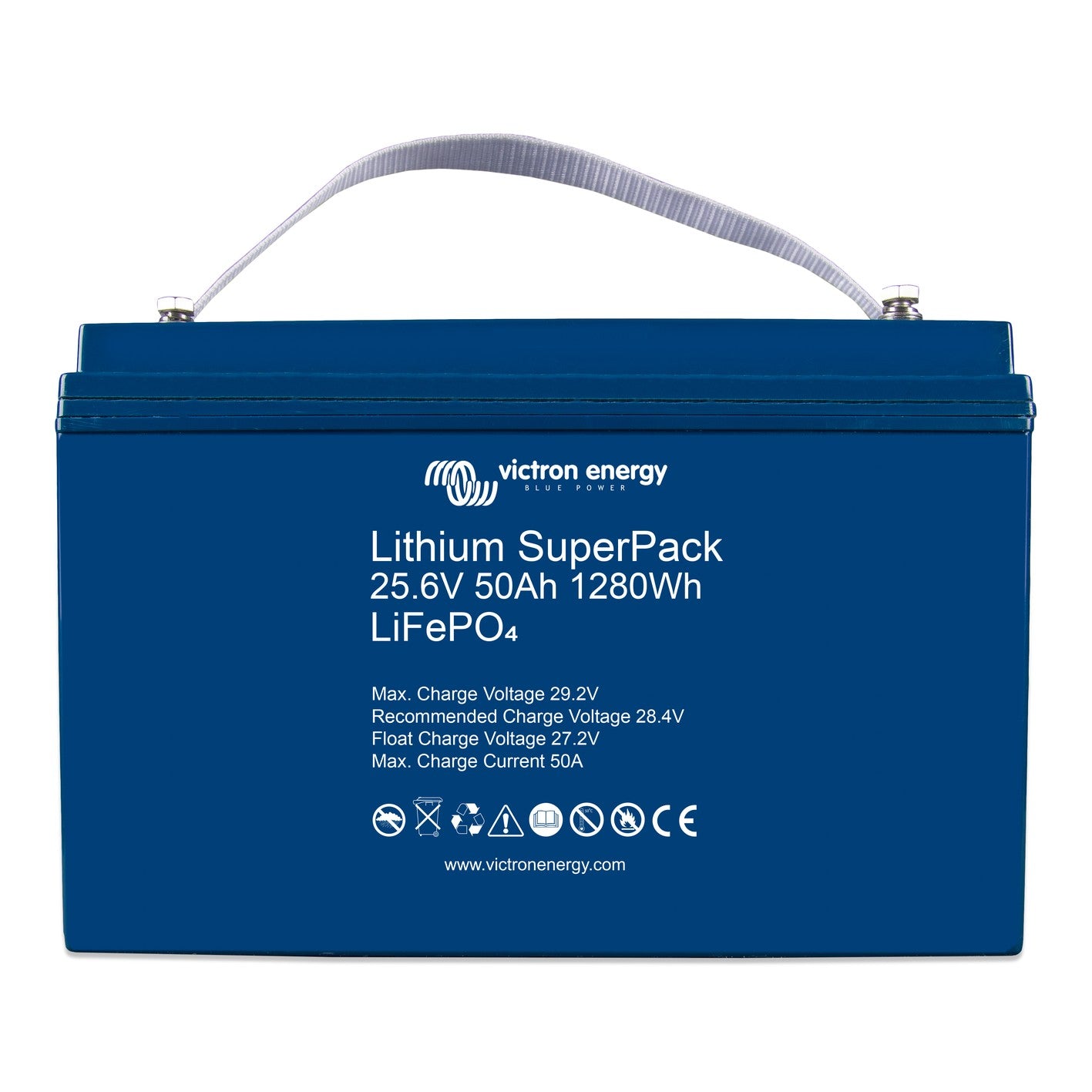 Victron Lithium SuperPack 25.6V 50Ah 1280Wh LiFePO4 battery, front view, blue case with white webbing carry strap and M8 terminals