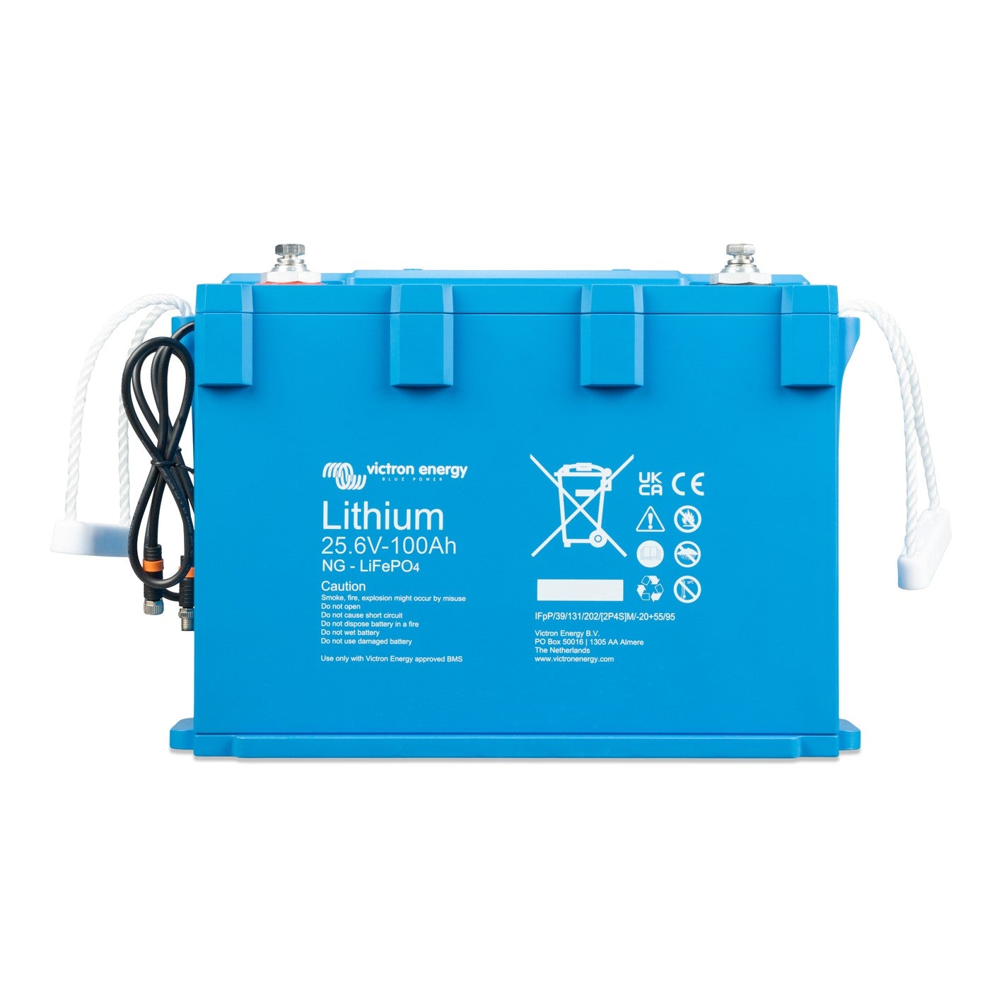Victron Energy Lithium LiFePO4 Battery NG 25.6V-100Ah, front view, blue case with M8 stainless terminals, white rope carry handles and twin black BMS cables