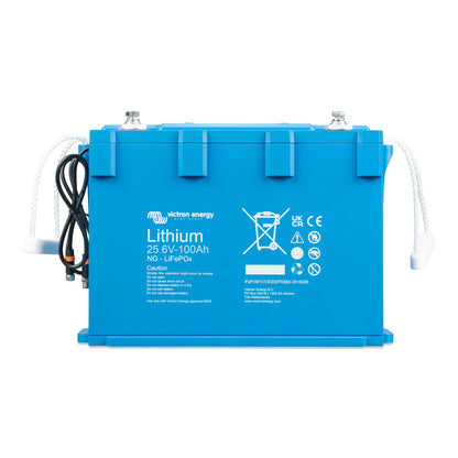 Victron Energy Lithium LiFePO4 Battery NG 25.6V-100Ah, front view, blue case with M8 stainless terminals, white rope carry handles and twin black BMS cables